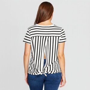 Madewell Black White Stripe Top Blouse Tee Short Sleeve Tie Back Size Small